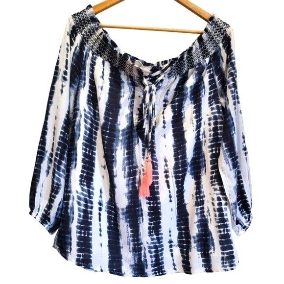 Large Tie Dye Smocked Lined Tassle String Long Sleeve Off the Shoulder Tunic - Picture 1 of 7